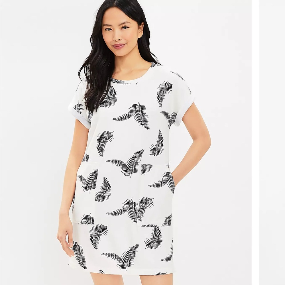 LOFT Lou&Grey Palm Cozy Cotton Terry Pocket Dress, Size Medium, White and Black